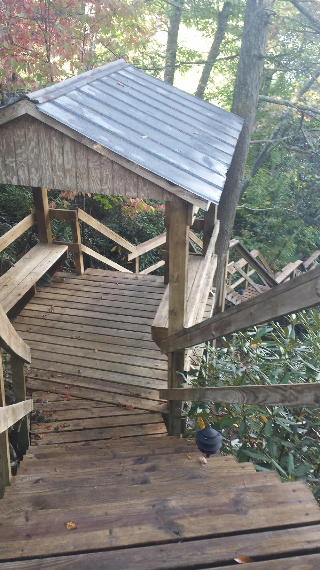 Metal roofed shelter over wooden steps on a wooded walkway — Skylight Repair & Installation work by our crew in Massey